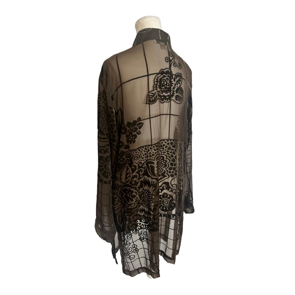 Coldwater Creek Burnout Velvet Duster Blouse Sheer Mocha Floral Y2K - Picture 8 of 15